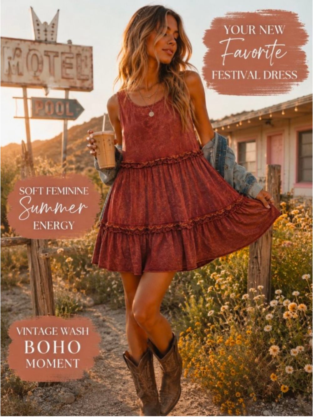I JOAH Mineral Wash Tiered Babydoll Dress Rust Boho Festival Mini S
